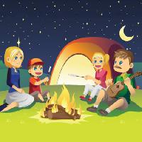 Pixwords изображение с дети, поют, гитара, огонь, луна, небо, палатки, женщина Artisticco Llc - Dreamstime