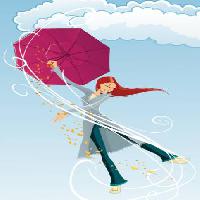 зонтик, девушка, ветер, облака, дождь, счастлив Tachen - Dreamstime
