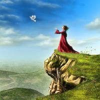 Pixwords изображение с птицы, женщина, скала, зеленый небо, муха Andreus - Dreamstime