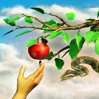 Pixwords изображение с яблоко, змея, ветка, зеленый, листья, рука Andreus - Dreamstime